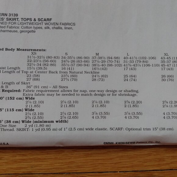 Vintage Tops & Skirts Sewing Pattern XS-XL UNCUT Kwik Sew 3139 Easy - Picture 9 of 10